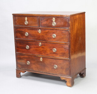 A 19th Century mahogany chest of 2 short and 3 long drawers with replacement ring drop handles, raised on bracket feet 94cm h x 92cm w x 46cm d 