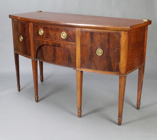 A 19th Century mahogany bow front sideboard fitted 2 long drawers flanked by pair of cupboards, raised on square tapered supports, spade feet 96cm h x 154cm w x 63cm d  