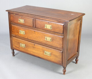 An Edwardian Art Nouveau mahogany chest of 2 short and 2 long drawers, having brass plate drop handles, raised on turned supports 76cm h x 107cm w x 46cm d 