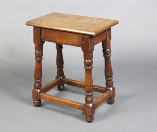 A late Victorian oak 17th Century style joined stool, raised on turned and block supports 52cm h x 45cm w x 27cm d 