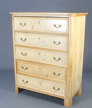 A 19th Century Continental pine chest of 5 long drawers with brass swan neck handles 127cm x 104cm w x 52cm d 