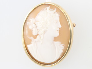 A 9ct yellow gold mounted cameo portrait brooch 40mm x 35mm 