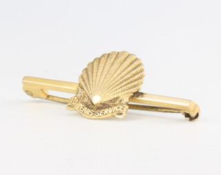 A 9ct yellow gold Shell bar brooch, 35mm, 3.1 grams gross 