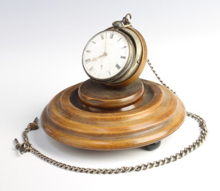 A William IV silver keywind pocket watch contained in a 48mm case, the dial inscribed Finer and Nowland London together with a silver Albert and turned wooden stand