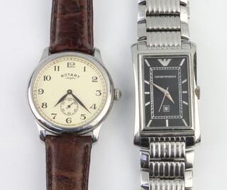A gentleman's steel cased Rotary wristwatch with seconds at 6 o'clock contained in a 38mm case on a leather strap, boxed, together with an Emporio Armani steel wristwatch 