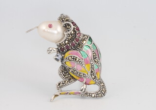 A silver, pearl, marcasite and ruby mouse brooch, 45mm 
 
