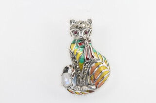 A silver moonstone, ruby, marcasite and enamel cat brooch 38mm 