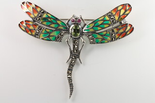 A silver dragonfly brooch pendant set with rubies, peridot, marcasite and enamel 60mm 