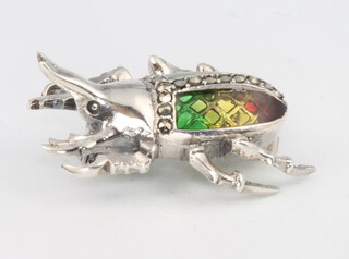 A silver beetle brooch/pendant with marcasites and enamel 32mm 