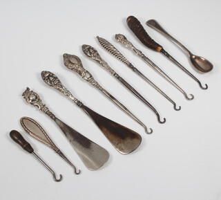 A silver mounted button hook Chester 1913, 4 others, 2 shoe  horns and minor items