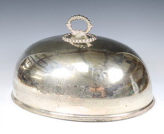 An Edwardian silver plated  meat cover with engraved armorial 46cm 
