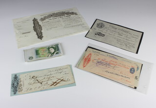 A 1951 five pound note, minor bank notes, cheques etc 