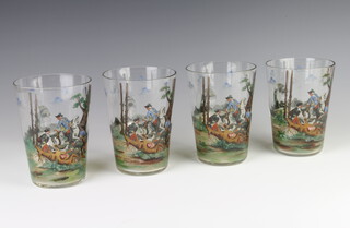 A set of four 19th Century painted ale mugs decorated with hunting scenes 13cm 