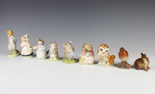 Six Beswick Beatrix Potter figures - Old Mr Brown 9cm, Mrs Tiggy Winkle Takes Tea 8cm, Miss Moppet 8cm, Timmy Willy Fetching Milk 9cm, Ribby 9cm, Foxy Whiskered Gentleman 12cm, Royal Doulton Ditto Lady Wood Mouse 11cm, a Beswick robin 8cm and a figure of a rabbit 6cm 