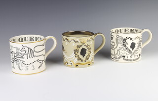 Three Wedgwood commemorative mugs by Richard Guyatt - 1953 Coronation, 1972 25th Anniversary Elizabeth II and His Royal Highness Prince Philip and 1977 Silver Jubilee
