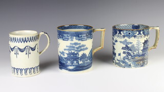 A 19th Century creamware mug decorated with swags and acanthus leaves 13cm, 2 19th Century transfer print mugs decorated with landscape views 
