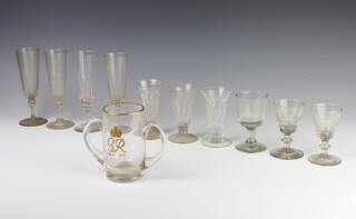 A commemorative 1937 2 handled glass with gilt decoration 13cm, 4 champagne flutes, 3 cordials, 2 tots and a small rummer