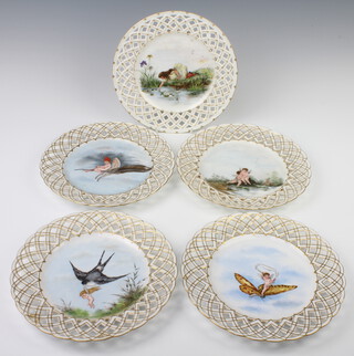 A set of 4 (and 1) Victorian ribbon plates decorated with cherubs at pursuits, signed F A Mason 1891, 23cm (5)