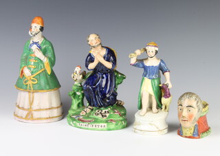 A 19th Century Staffordshire group St Peter in supplication 22cm, ditto of a figure with eagle 19cm, a table salt 9cm and a lidded box in the form of a Moroccan gentleman 24cm 