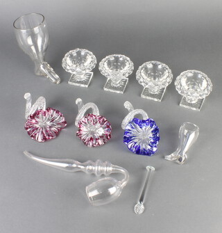 Four 19th Century circular glass table salts on square bases 6cm (all have very minor chips), a glass boot glass 14cm, a ditto 8cm, glass pipe 22cm (minor chips to rim), sugar stirrer and 3 glass flower ornaments  