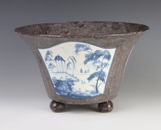 A contemporary English ceramic planter decorated with landscape views with pavillion, on ball feet 20cm 