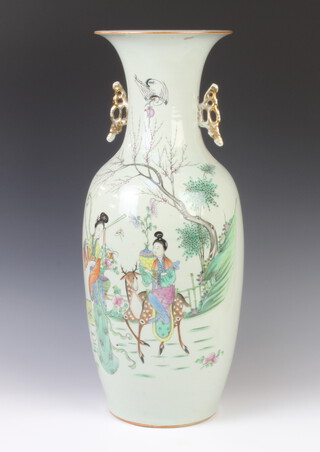 An 18th Century style Chinese famille rose vase with pierced gilt handles, decorated a lady riding a deer and a lady carrying flowers in a garden setting with script 58cm h 