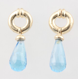 A pair of 9ct yellow gold blue topaz drop earrings 26mm, 6.4 grams 