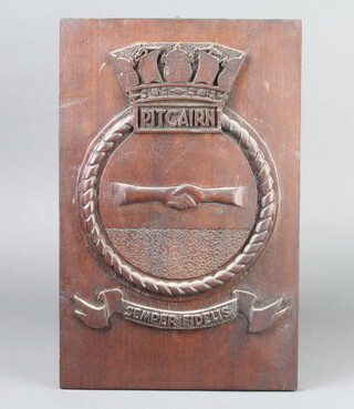 A carved naval plaque marked Pitcairn 37cm x 24cm 