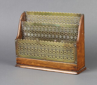 A Victorian oak and pierced brass 3 section stationery/letter rack 17cm h x 22.5cm x 7cm 