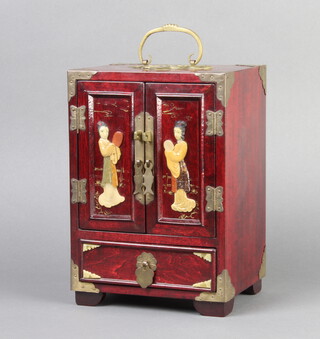 A 20th Century Chinese polished hardwood and hardstone cabinet, fitted 3 drawers enclosed by pair of panelled doors decorated with hardstone figures of standing geishas, the base fitted a drawer 23cm h x 16cm w x 13cm d 