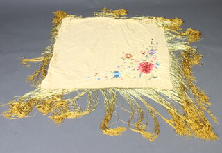 A lady's yellow embroidered silk shawl with fringe 92cm x 88cm 