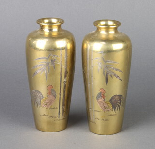 A pair of Japanese polished bronze inlaid silver vases decorated tree with cockerels 12cm x 3cm, the base with seal mark 