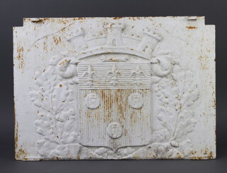 A 19th Century oak Continental rectangular cast iron plaque decorated a coat of arms 34cm x 40cm 