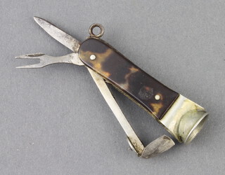 A 19th Century steel cigar cutter, the mother of pearl effect grip with miniature knife and fork 5cm 