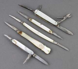 J Hinc Liffe, a 19th Century twin bladed penknife blade marked J Hinc Liffe with 7/5cm mother of pearl grip (chip to grip), 1 other the blade marked AC with 5.5cm mother of pearl grip (2 sections of m.o.p. missing to the grip), a 19th Century folding pen knife blade marked R & C with 7.5cm carved m.o.p grip (f and r), a multi bladed folding pocket knife with 2 blades (1f), pair of scissors with file and 5.5cm m.o.p grip, 1 other with 3 blades and scissors (f) and 5cm m.o.p grip (chipped and f) 
