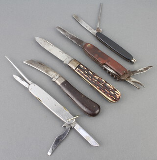 John Watts, a multi bladed folding knife with 2 bodkins, 2 blades, screwdriver/bottle opener and an I.X.L George folding pruning knife with 8.5cm wooden grip, an Italian folding knife blade marked CK and simulated horn grip, a Polo pipe smoker's folding knife with blade, bodkin, the end fitted a tamper and a multi bladed knife the blade marked with whale mark, 2 blades, 2 bottle openers, corkscrew and bodkin and 9cm oval grip (f) 