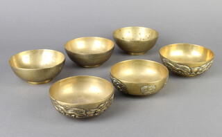 Six 19th Century Chinese polished gilt metal dishes decorated with dragons 4cm x 11cm 