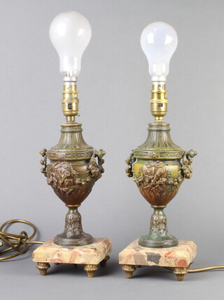 A pair of 19th Century gilt spelter and marble lidded urns raised on square marble bases converted for use as table lamps 37cm h x 11cm w x 11cm d 