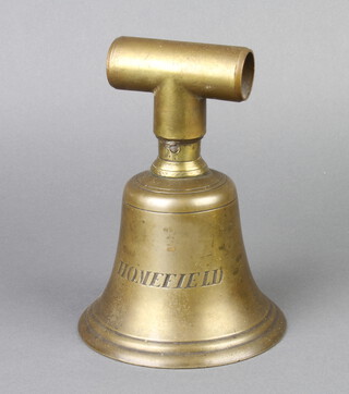 A 19th Century brass bell marked Homefield with later attachment 19cm h x 14cm diam. 