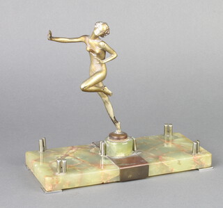 After Lorenzl, an Art Deco spelter figure of a running girl raised on onyx base 20cm h x 21cm w x 9cm d 
