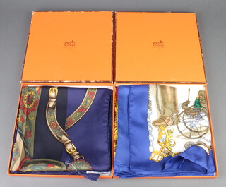 Hermes, two lady's silk scarves boxed, 87cm x 86cm