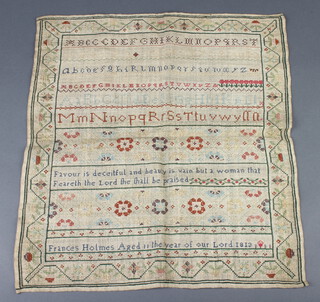 A George III woolwork sampler with upper and lower case letters and motto by Francis Holmes, age 11, 11th The Year of Our Lord 1813 38cm x 40cm (unframed)