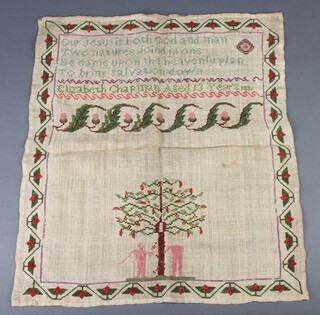 A William IV stitch work sampler Our Lord Jesus Both God and Man to Measure Joined in One ..., by Elizabeth Chapman aged 13 years 1837, decorated with figures of Adam and Eve and the Tree of Knowledge 38cm x 43cm 