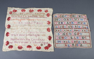 A Victorian woolwork sampler with alphabet, numerals, marked aged 8 1882, 24cm x 24cm together with 1 other with numbers and letters marked Honourable The Countess of Harwood School aged 12 34cm x 34cm 