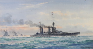 Frank Wood 1916, watercolour signed, HMS Lark?, naval vessels under steam 19cm x 35.5cm 