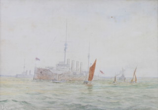 H Capps, watercolour signed, a battle cruiser and vessels 19cm x 27cm 