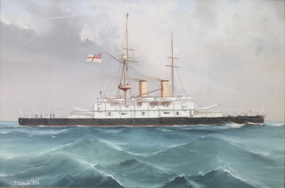 Gaetano D'esposito 1896 (1858-1911), gouache signed, "HMS Howe" with paying off penant 28cm x 44cm 