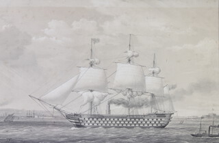 19th Century print of a 3 mast war ship 24cm x 37cm 