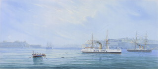 19th Century gouache, vessels off The Grand Harbour Malta 18cm x 40cm 