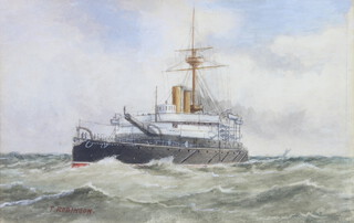 T Robinson, watercolour signed, "HMS Benbow" 9cm x 14.5cm 